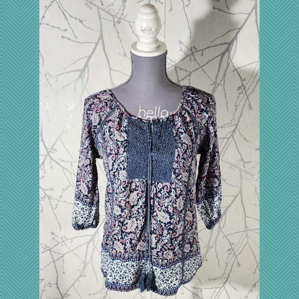 Solitaire Floral Paisley Printed Tassel Peasant Blouse